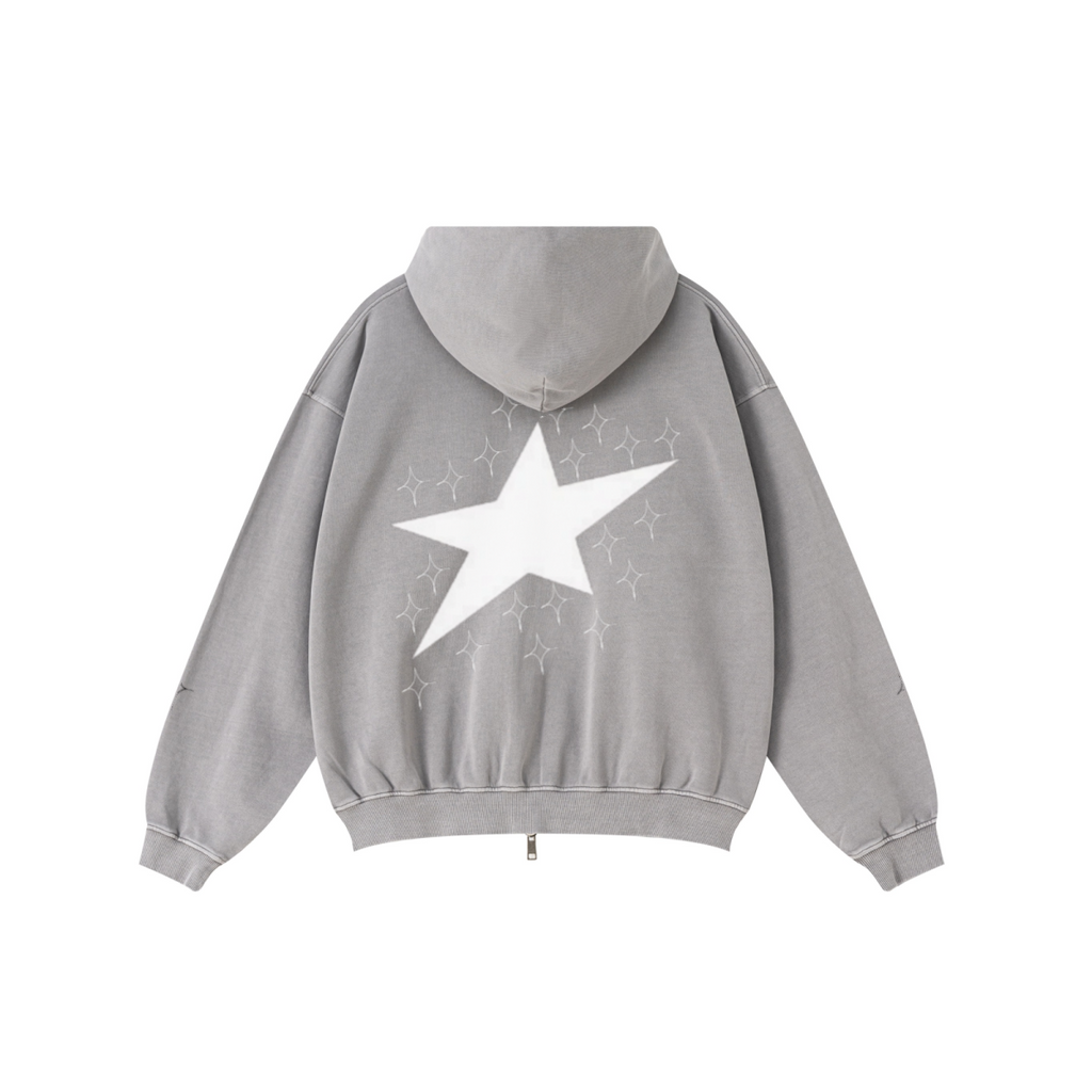 370GSM Unisex Pigment-Wash Zip-Up Hoodie Medium Grey