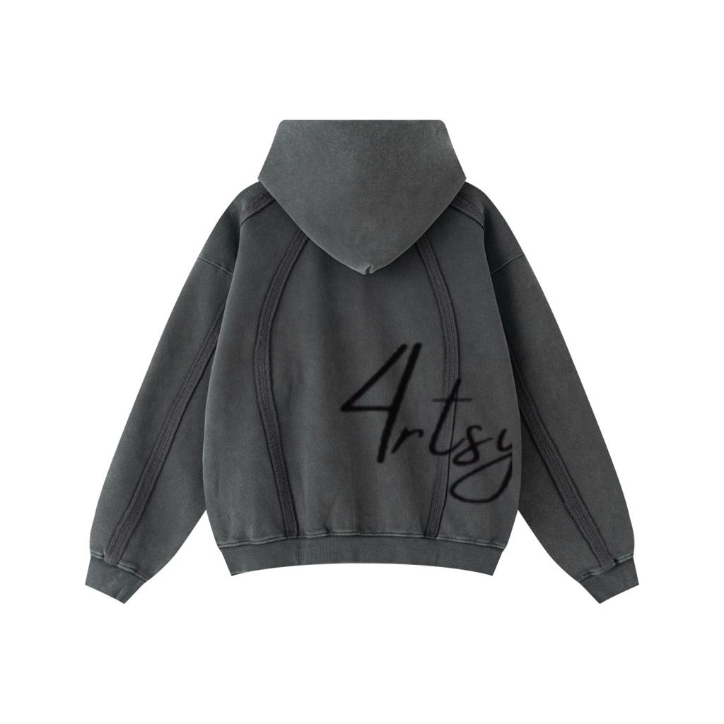 360GSM Men’s Structured Panel Raw-Edge Fleece-Lined Distressed Snow-Wash Zip-Up Hoodie Dark Grey