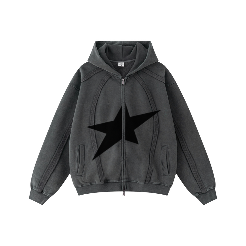 360GSM Men’s Structured Panel Raw-Edge Fleece-Lined Distressed Snow-Wash Zip-Up Hoodie Dark Grey