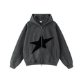 360GSM Men’s Structured Panel Raw-Edge Fleece-Lined Distressed Snow-Wash Zip-Up Hoodie Dark Grey