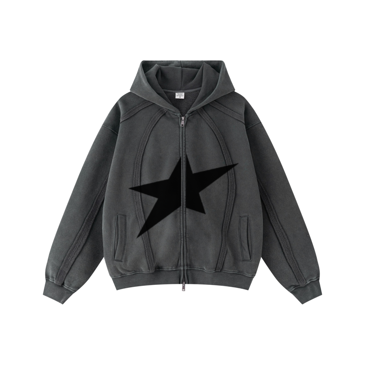 360GSM Men’s Structured Panel Raw-Edge Fleece-Lined Distressed Snow-Wash Zip-Up Hoodie Dark Grey